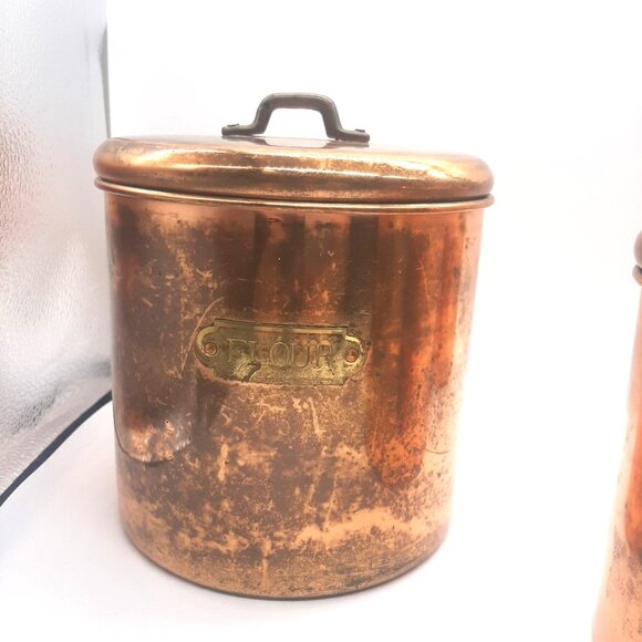Vintage Copper Kitchen Canister Set Flour Sugar Coffee Tea Rustic Farmhouse - Picture 2 of 12